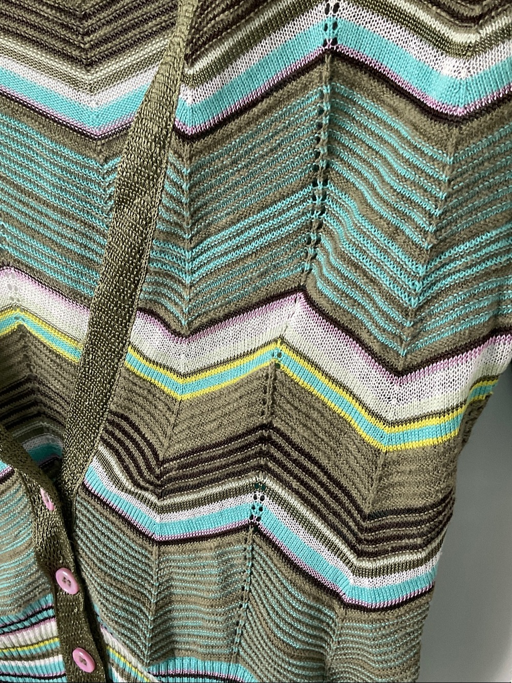 Missoni Green Chevron Knit Button-Front Cardigan with Multicolor Stripes - Picture 3 of 10
